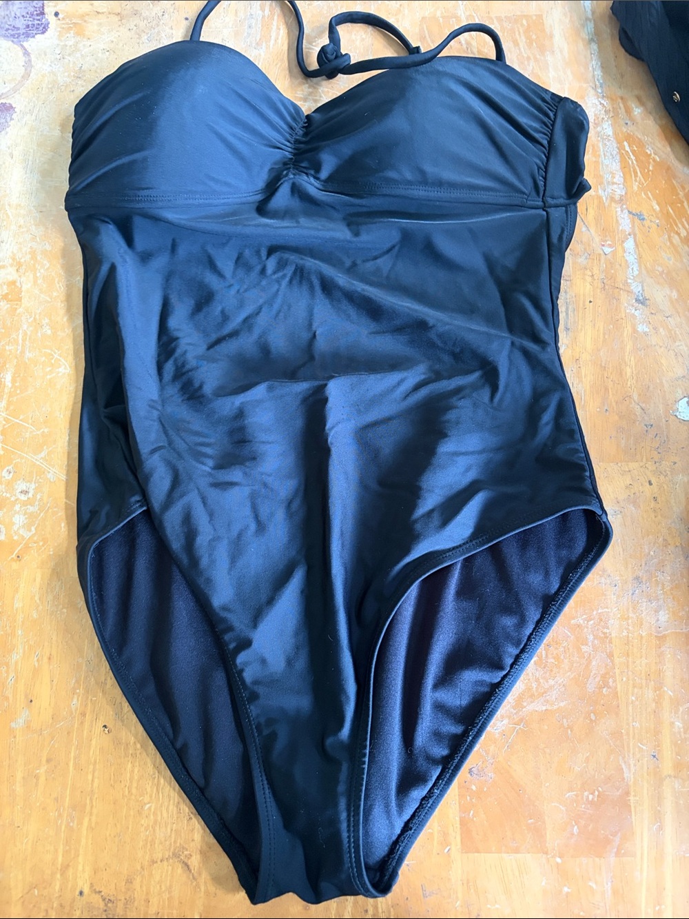 Black One-Piece Bandeau Swimsuit, Removable Neck Tie Strap, Size L